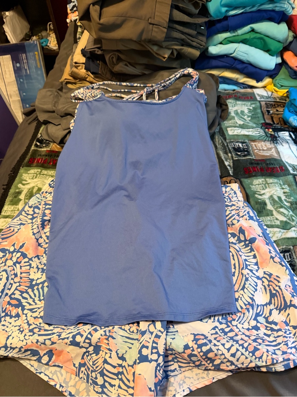 crown & ivy Blue Tank with Printed Straps & shorts